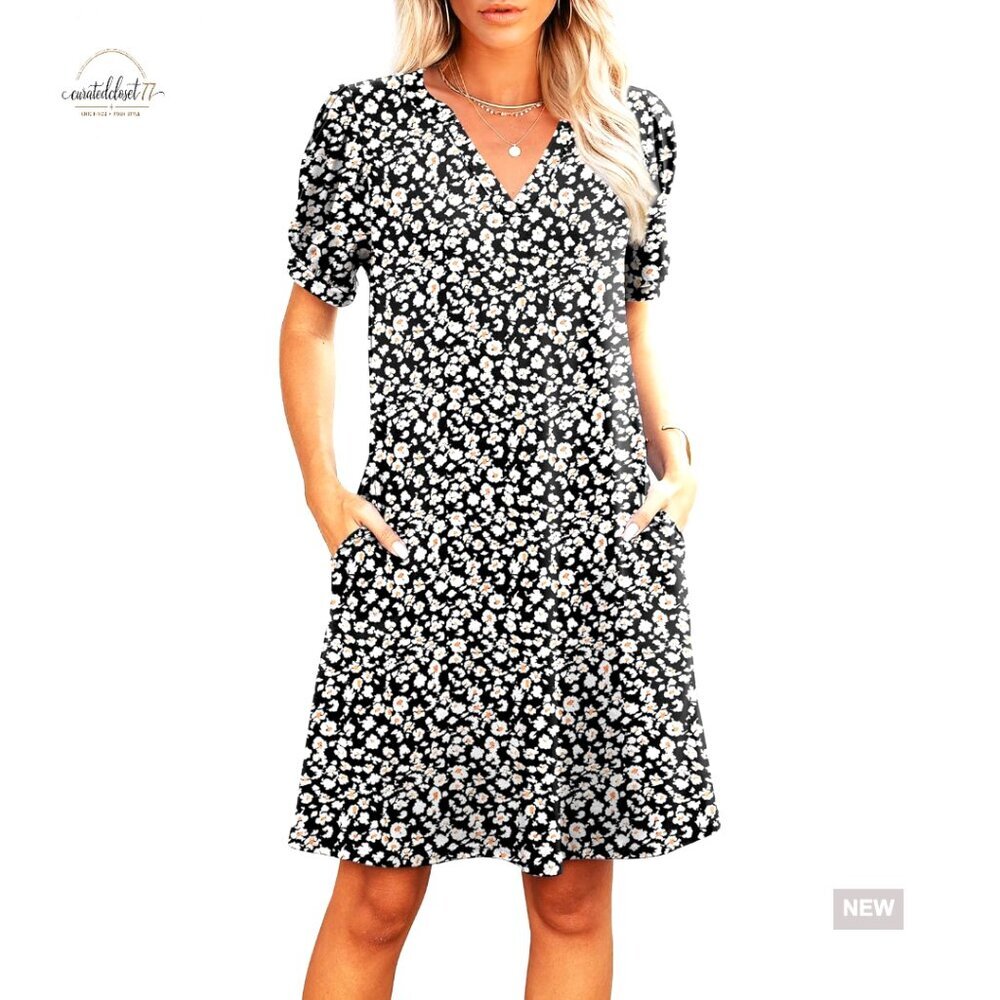 V-Neck Swing Sundress with Pockets, Short Sleeve Casual Beach Dress